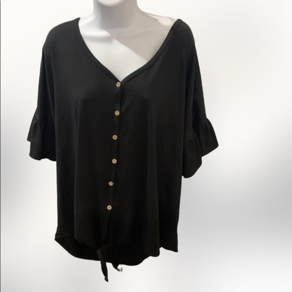 Reborn J‎ the plus black button up tie bottom ruffle sleeve tshirt size 1XL